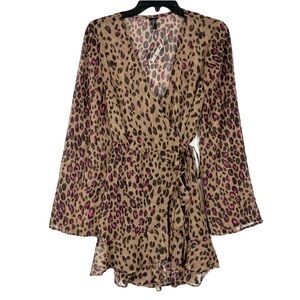 New EXPRESS Swim Coverup S/M Cheetah Swiss Dot Ruffle Wrap Long-Sleeve